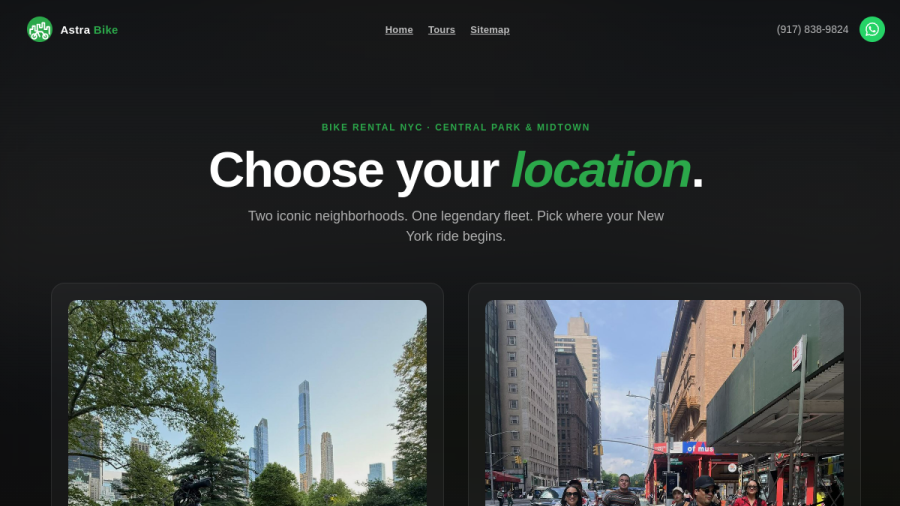 Screenshot of the Astra Bike Rentals NYC website
