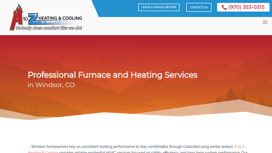 Screenshot of the A to Z Heating & Cooling website