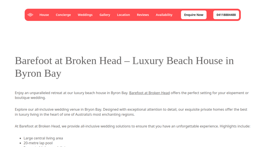 Website screenshot of Barefoot at Broken Head - Byron Bay Luxury Holiday House