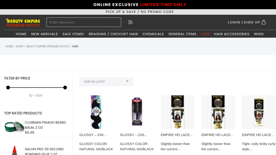 Screenshot of the Beauty Empire Premium Outlet website
