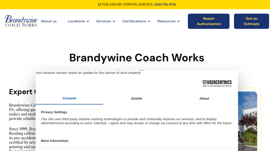 Screenshot of the Brandywine Coach Works website