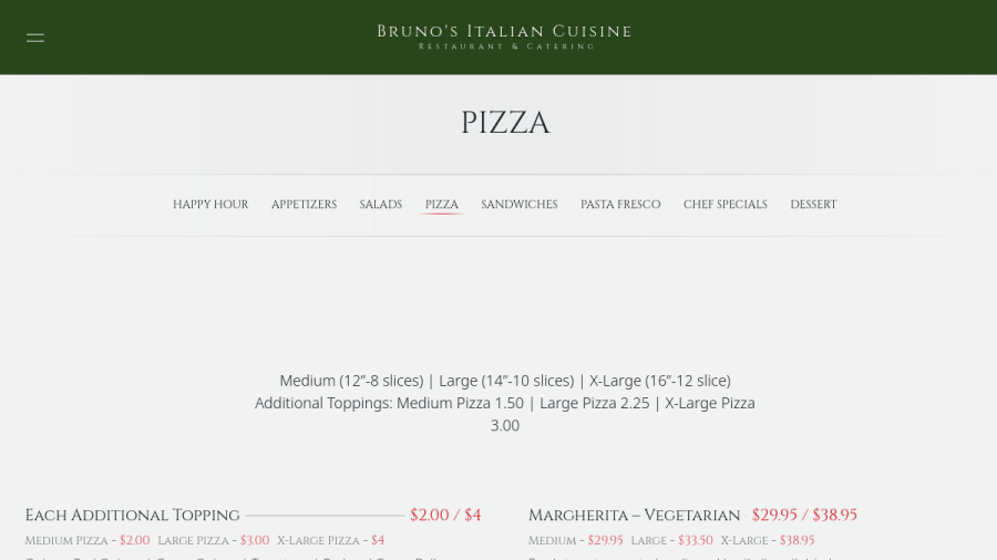 Screenshot of the Bruno's Italian Cuisine website