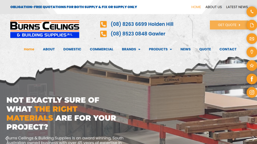 Screenshot of the Burns Ceilings & Building Supplies Pty Ltd website