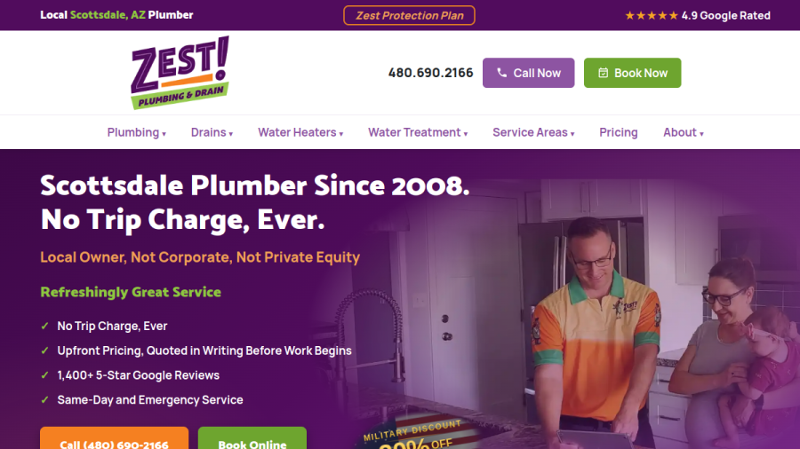 Screenshot of the Zest Plumbing & Drain website