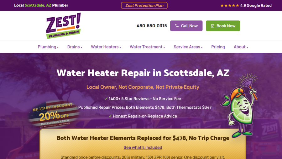 Screenshot of the Zest Plumbing & Drain website
