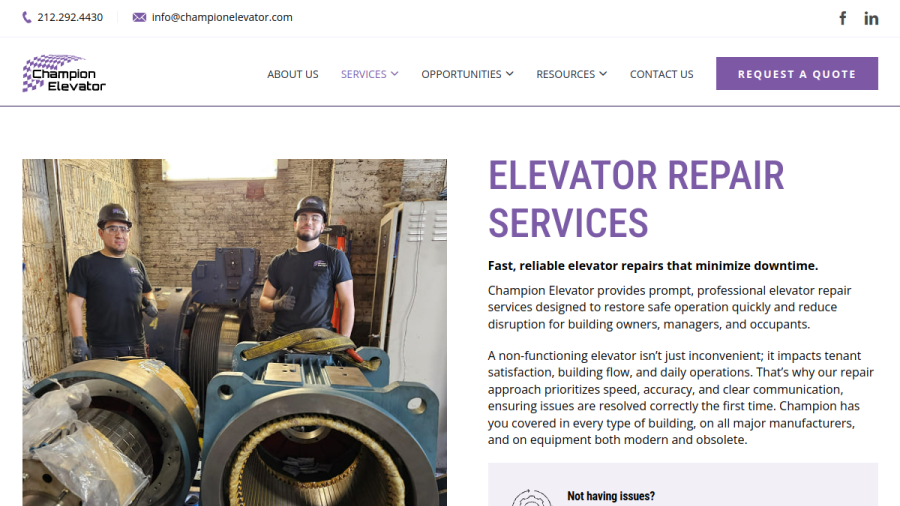 Screenshot of the Champion Elevator Corp. website