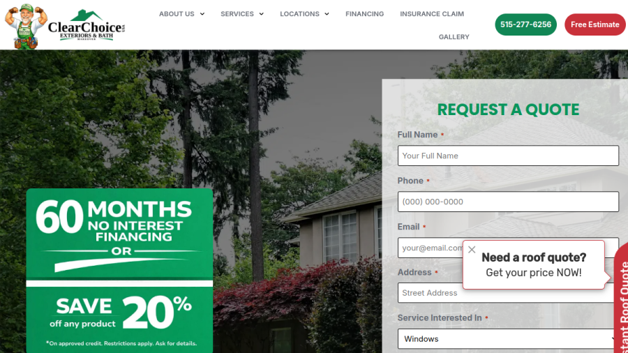 Screenshot of the Clear Choice Exteriors & Bath Makeover of Iowa website