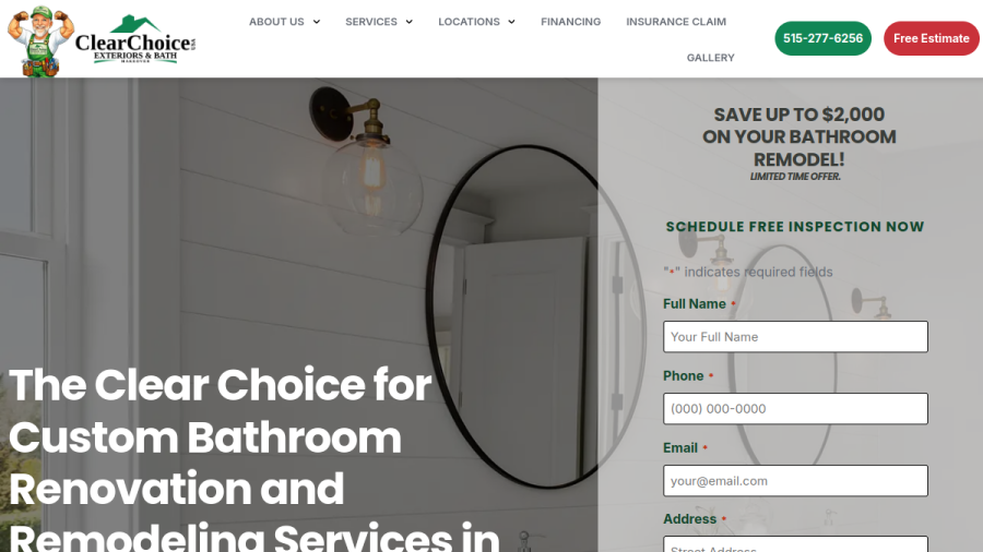 Screenshot of Clear Choice Exteriors & Bath Makeover of Iowa website