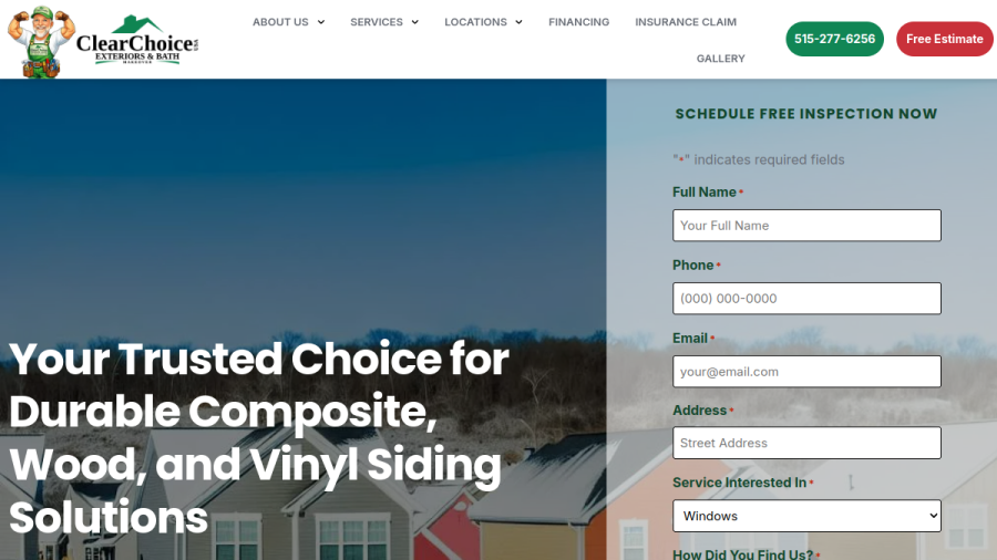Screenshot of the Clear Choice Exteriors & Bath Makeover of Iowa website