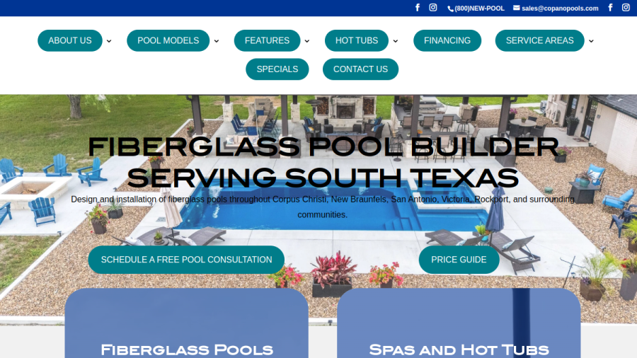 Screenshot of the Copano Pools and Spas website
