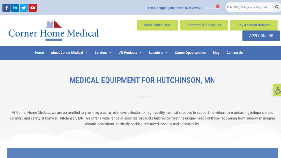 Website screenshot of Corner Home Medical