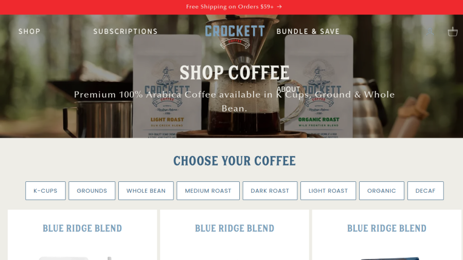 Screenshot of Crockett Coffee website