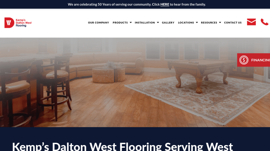 Screenshot of the Kemp's Dalton West Flooring website
