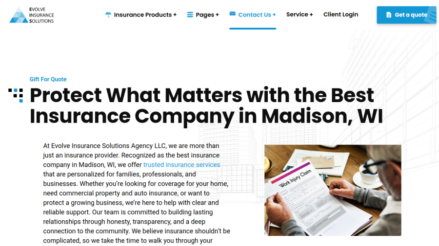Screenshot of the Evolve Insurance Solutions website