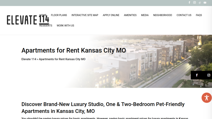 Screenshot of the Elevate 114 Apartments website