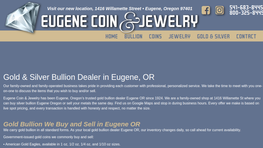 Screenshot of the Eugene Coin & Jewelry website
