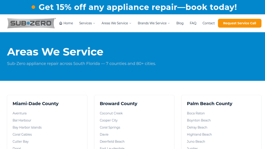 Website screenshot of Sub-Zero Repair Services