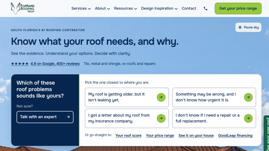 Screenshot of the FoxHaven Roofing Group website