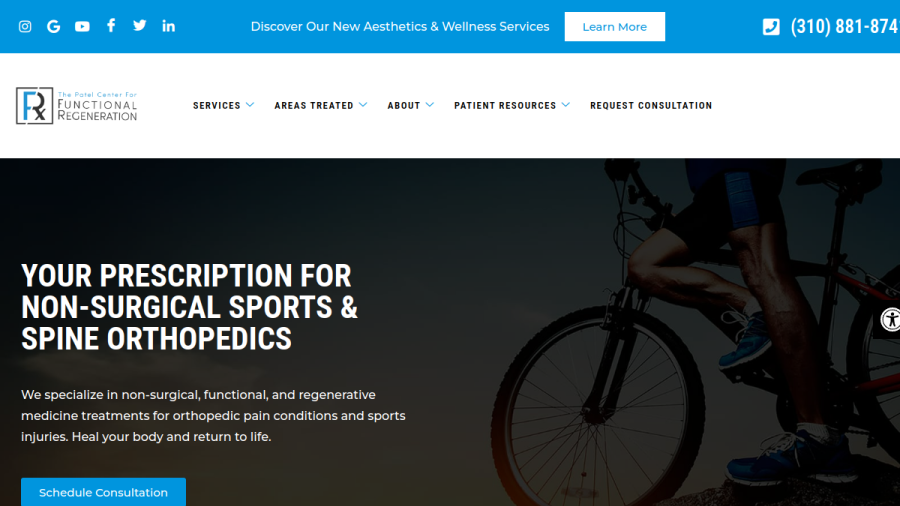 Screenshot of the Dr. Shounuck Patel DO l The Patel Center for Functional Regeneration website