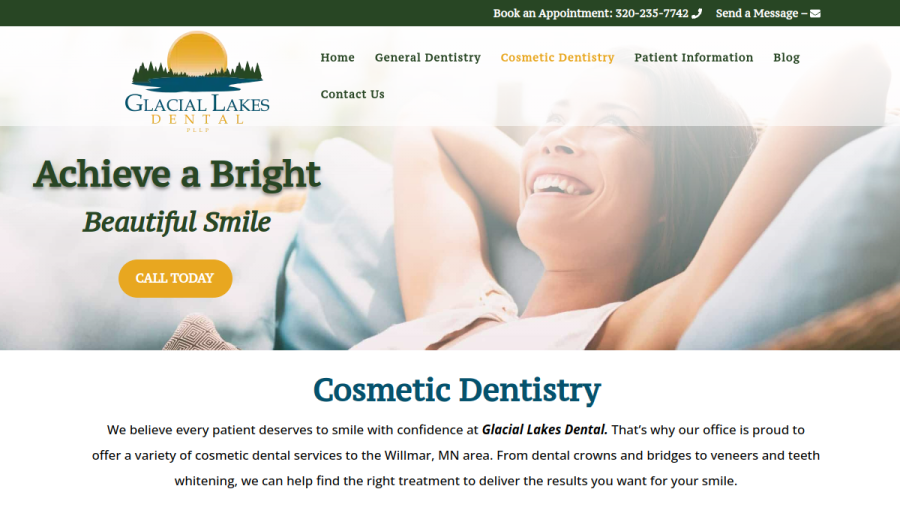 Screenshot of Glacial Lakes Dental website