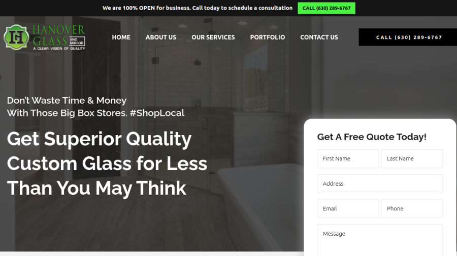 Screenshot of Hanover Glass & Mirror website