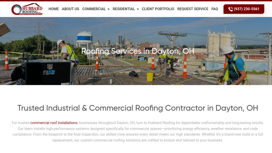 Screenshot of the Hubbard Roofing, Inc website