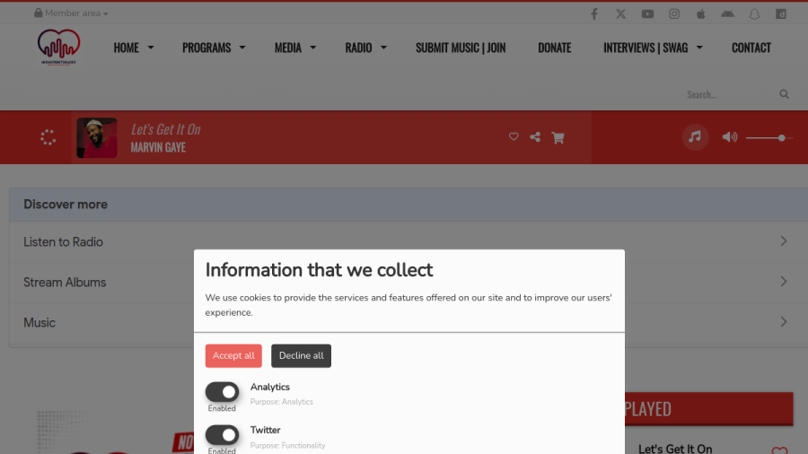 Screenshot of the In Da Streets Radio website