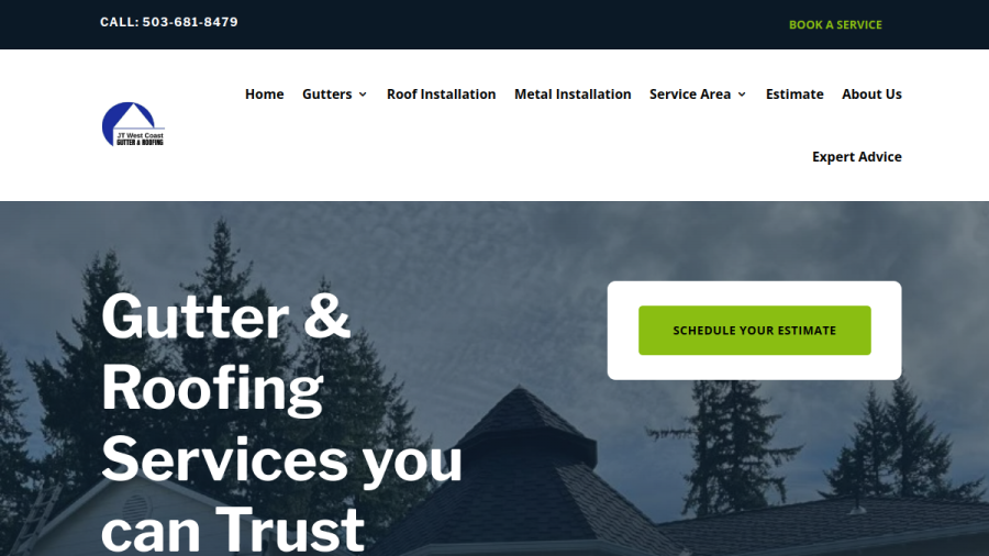 Screenshot of the JT West Coast Gutter & Roofing website