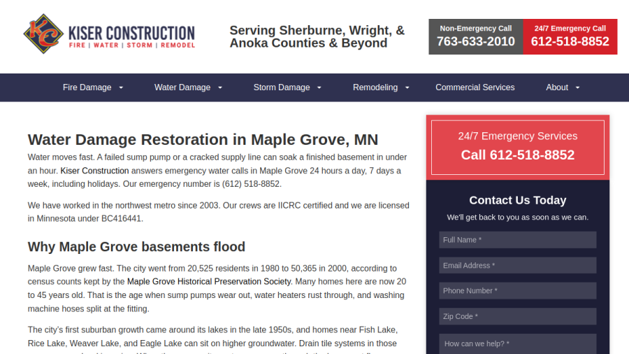 Website screenshot of Kiser Construction