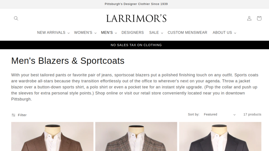 Screenshot of the Larrimor's - Pittsburgh's Men's Clothing and Fashion Store website