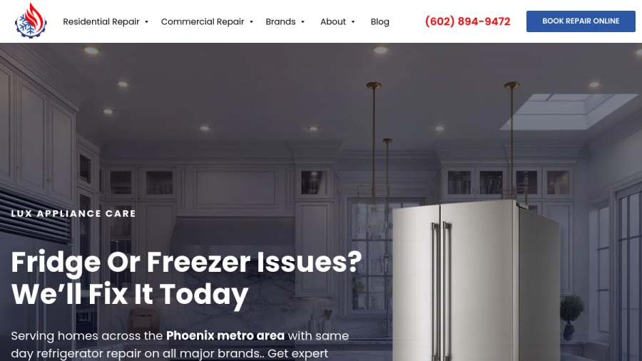 Website screenshot of Lux Appliance Care