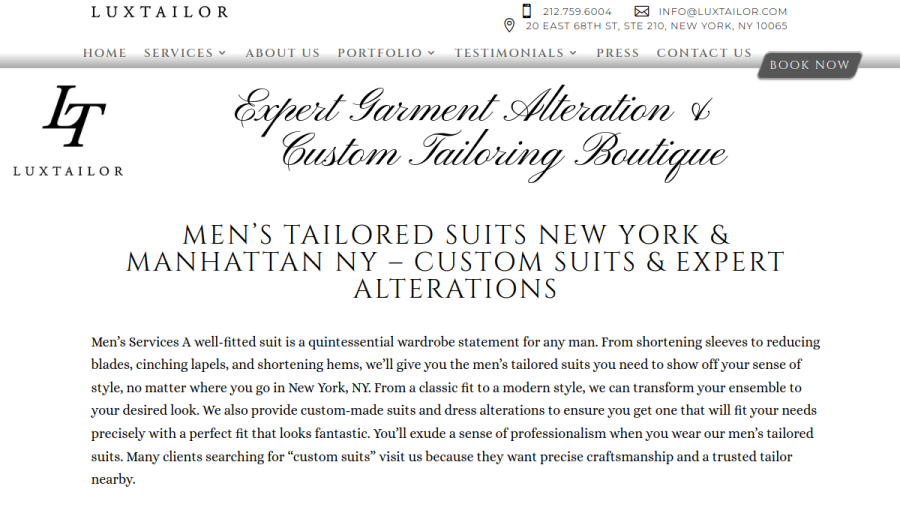 Screenshot of Luxtailor website