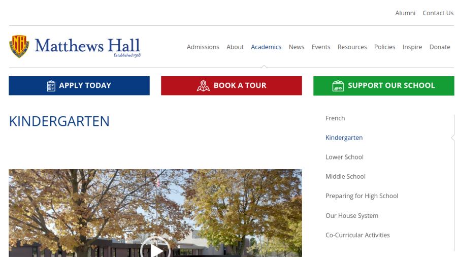 Screenshot of the Matthews Hall Independent School website