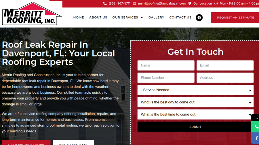 Screenshot of the Merritt Roofing and Construction Inc. website