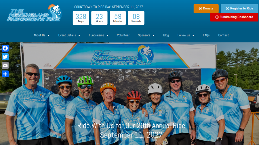 Screenshot of the New England Parkinson's Ride website