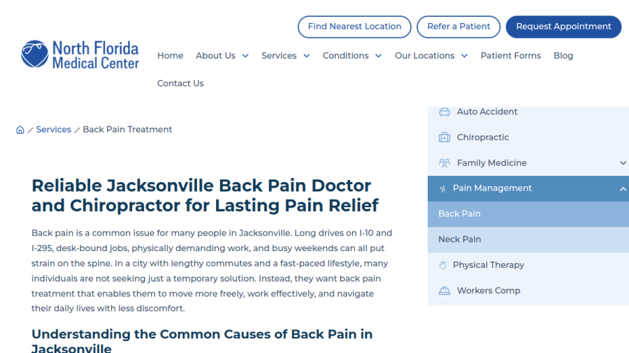 Website screenshot of North Florida Medical Center