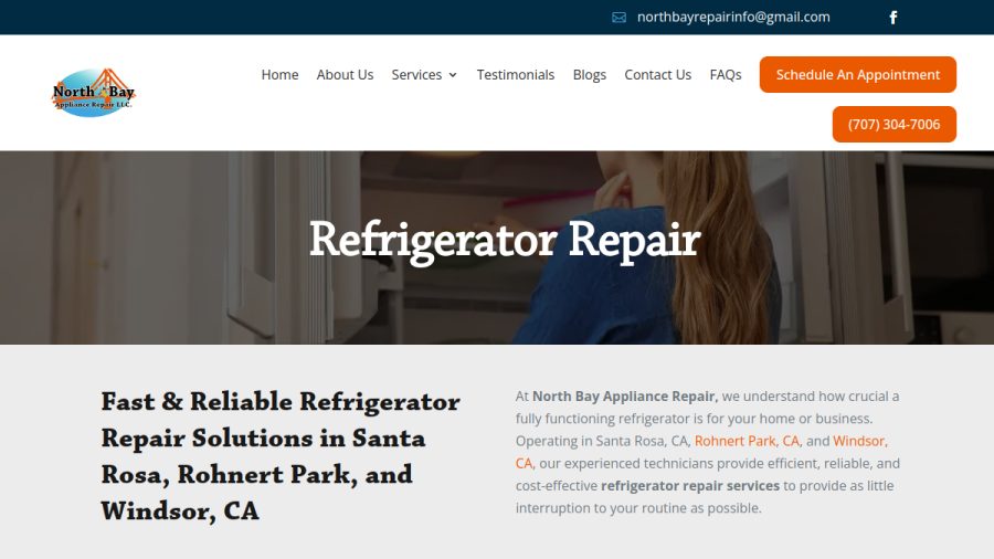 Screenshot of the North Bay Appliance Repair website