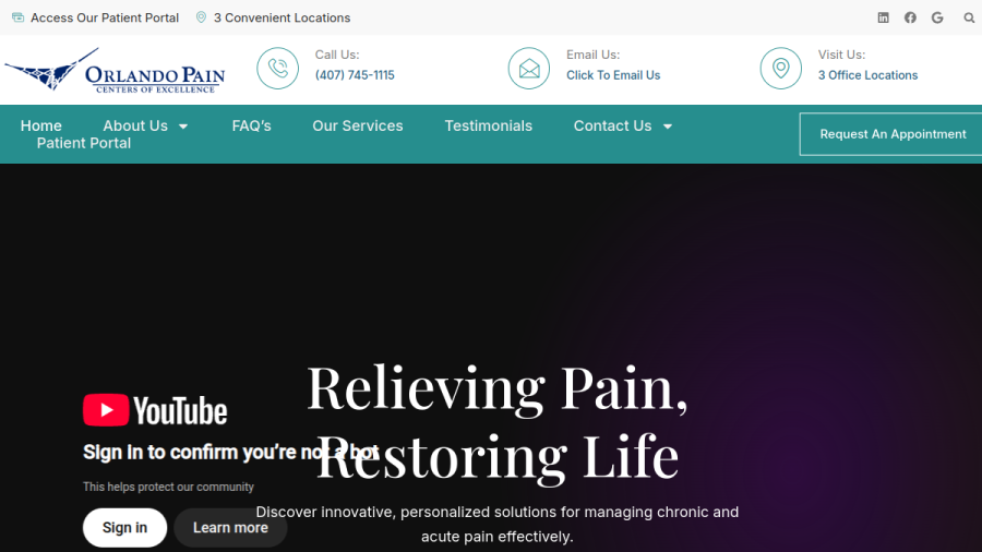 Screenshot of the Orlando Pain Centers of Excellence LLC website
