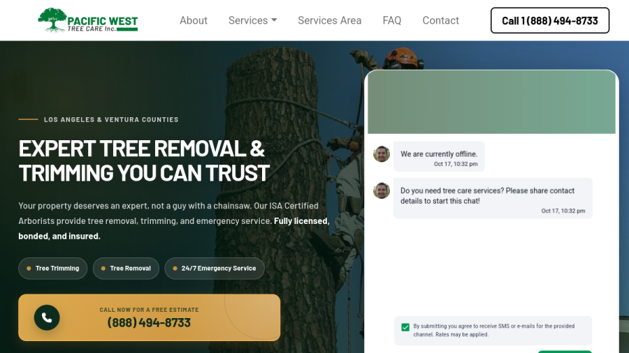 Screenshot of the Pacific West Tree Care Inc. website