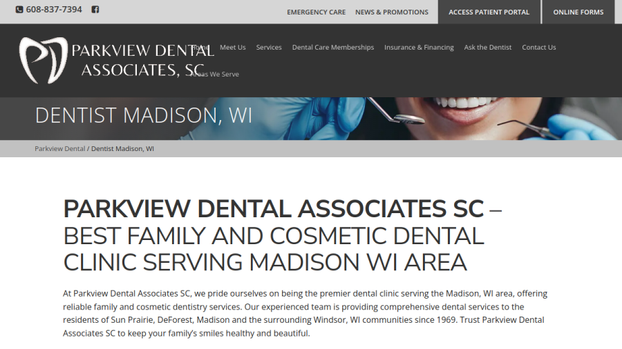 Screenshot of the Parkview Dental Associates Sc website