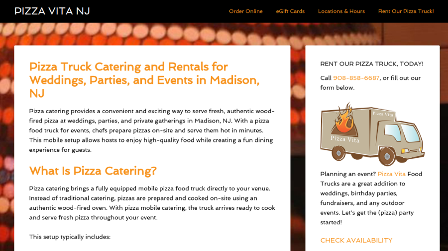 Screenshot of the Pizza Vita website