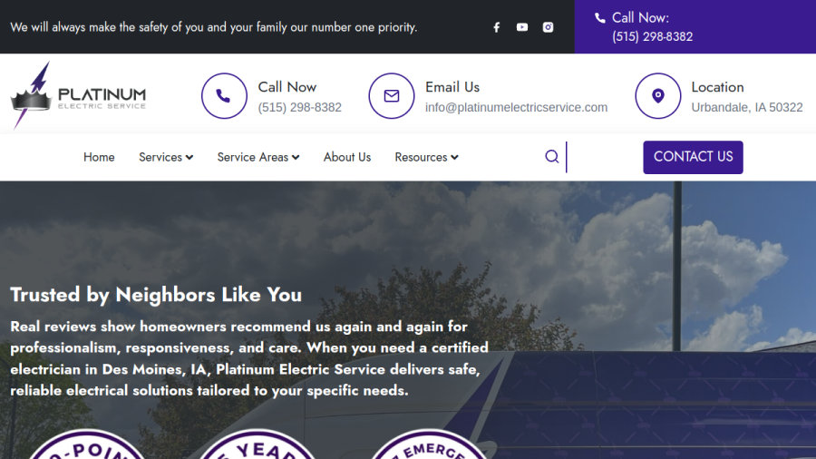 Screenshot of the Platinum Electric Service website