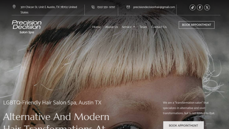 Screenshot of the Precision Decision Salon Spa website