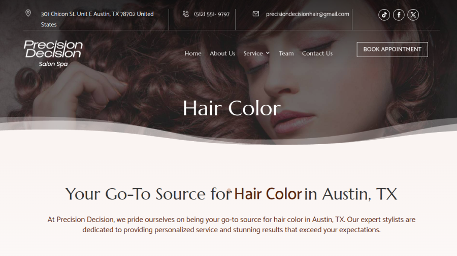 Website screenshot of Precision Decision Salon Spa