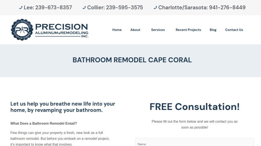 Precision Aluminum & Remodeling, Inc. website