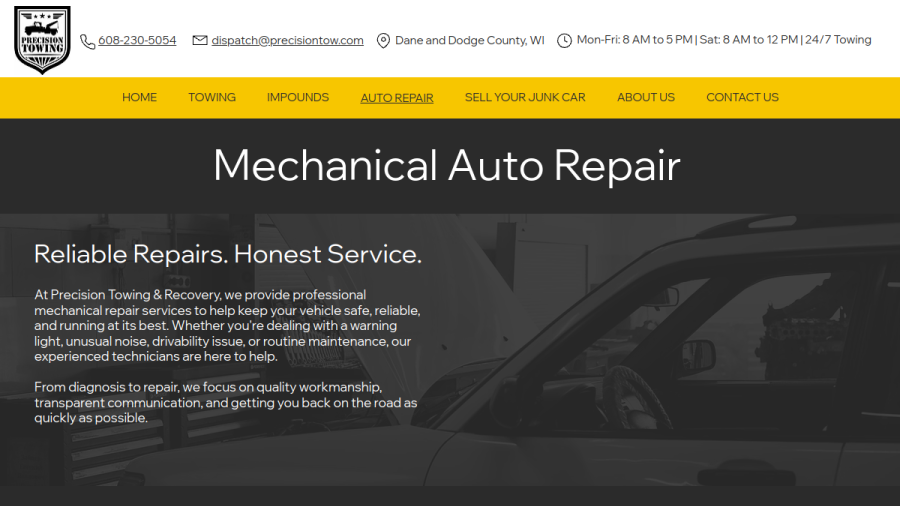 Screenshot of the Precision Towing & Recovery website