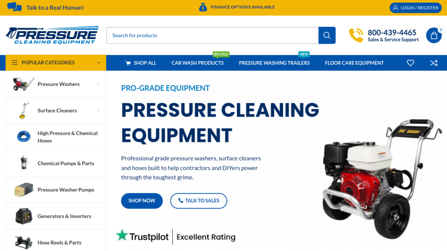 Screenshot of the Pressure Cleaning Equipment website