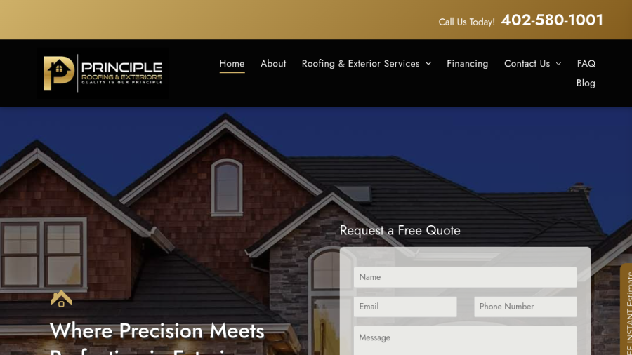 Screenshot of the Principle Roofing & Exteriors website
