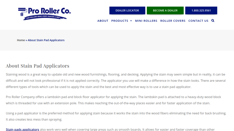 Screenshot of the Pro Roller Company Inc. website