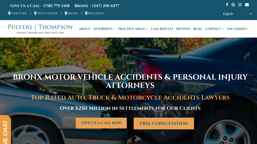 Screenshot of the Pulvers, Pulvers & Thompson | Personal Injury & Accident Attorneys in New York website